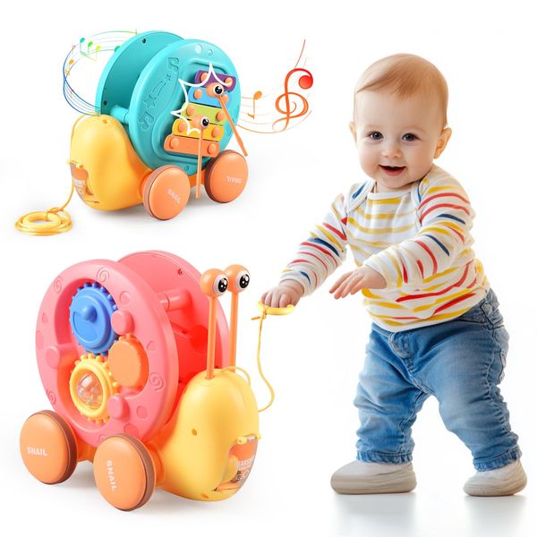 SeventhDuck Children's Rally Car Pull Toys, 4-in-1 Snail Toy for 1 Year Old Pull Along Toys for 1 Year Old Fun and Colorful Car Toy for Toddlers