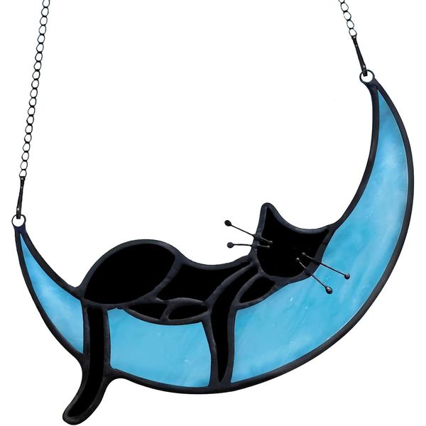 JIABEI Stained Glass Cat on Moon Gifts, Sleeping Cat Suncatchers Decoration,Handcrafted Black Cat Stained Glass Window Hangings, Cat Gifts for Cat Lovers