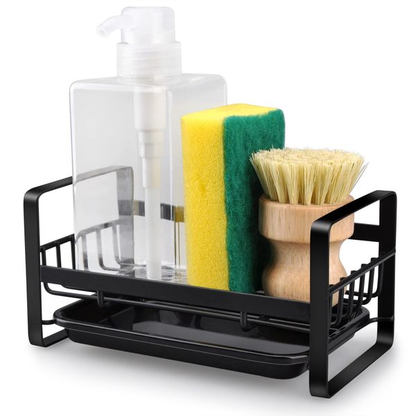 HONZUEN Kitchen Sink Caddy,Stainless Steel Kitchen Sponge Holder Black Wall Mounted Kitchen Sink Caddy Organiser with Drip Tray, Sponge Holder Self Adhesive Sponge Holder for Kitchen Sink