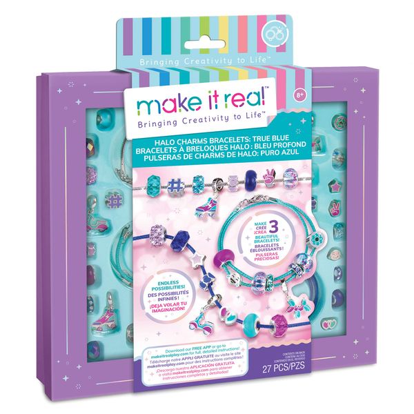 Make It Real - Halo Charms Bracelets True Blue - DIY Charm Bracelet Making Kit - Friendship Bracelet Kit with Beads, Charms & Cord - Arts & Crafts Bead Kit for Girls - Makes 3 Bracelets