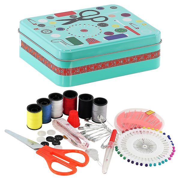 Metal Sewing Box Kit with Sewing Accessories Scissors, Thimble, Needles, Pins, 1.5 m Tape Measure, Needle Threader, Stitch Unpicker, Safety Pins & Buttons