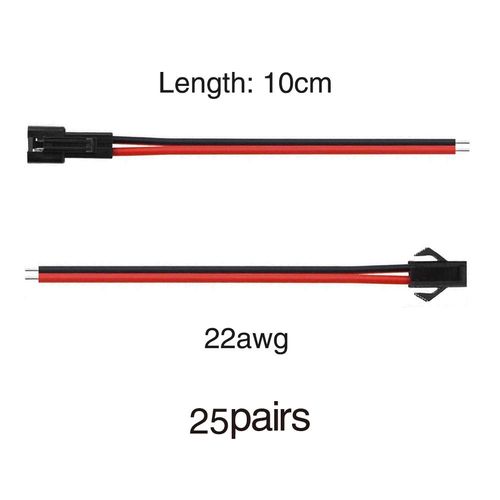 YIXISI 25 Pairs JST SM 2-Pin 2.54mm Pitch Plug Male and Female Connector Adapter with 100mm Electrical Cable Wire for LED Light