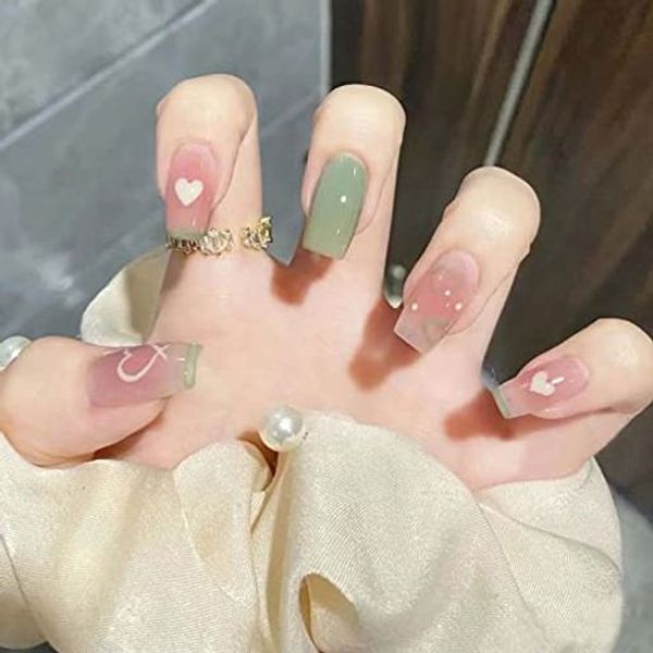 Nail tips, 24 pieces, spring/summer nail tips, green nail tips, double-sided tape, nail file included, popular, can be used for coming-of-age ceremonies, entrance ceremonies, graduation ceremonies, weddings, parties, and everyday life