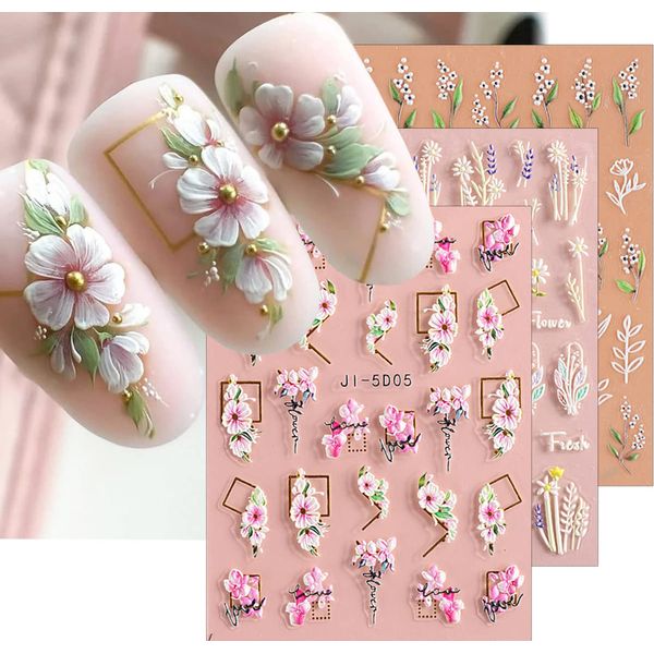 JMEOWIO 3D Fiori Adesivi Unghie Nail Art Stickers Unghie Autoadesivi 5D Decorazioni Unghie Nail Art Disegni 4 Fogli