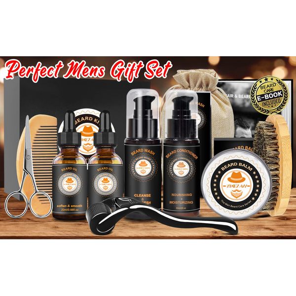 Upgraded Beard Grooming Kit w/Beard Conditioner,Beard Oil,Beard Balm,Beard Brush,Beard Shampoo/Wash,Beard Comb,Beard Shaper,Beard Scissor,Storage Bag,Beard E-Book,Beard Growth Care Daddy Gifts for Men