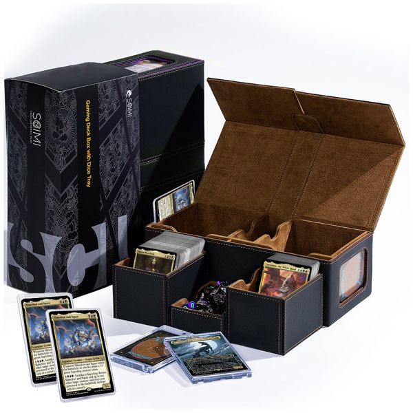 Mtg Commander Card Storage Box Fits 200 Double Sleeved Cards - Double Deck Box with Dice Tray, Leather Magnetic Card Storage Box for Magic Yugioh TCG CCG 2 Acrylic Cases & 2 Toploaders - Black&Brown