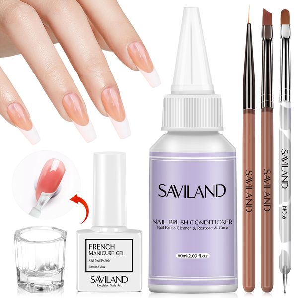 Saviland French Nail Kit: French Smile French Manicure Kit White French Gel Nail Polish Liner Nail Art Brush Dotting Pen French Tip Nail Brush Conditioner Dappen Dish DIY French Nails Home DIY Starter