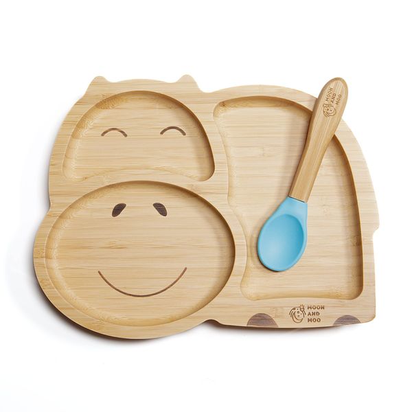 Moon and Moo Hippo Bamboo Suction Plate and Spoon Set for Kids, Toddlers and Baby Weaning - Non-Toxic – Plastic Free - Stay Put - Baby Suction Plate - Baby Weaning Set