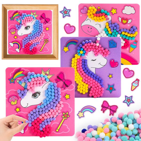 Girls Gifts DIY Toy Set 3PCS 7.9-Inch, Pom Pom Crafts & Art Kits Unicorn Crafts Gifts for Girls Age 2 3 4 5 6, Toddler DIY Toys Crafts Kits for Sensory Activity, Birthday Christmas Gifts for Girls 3-8