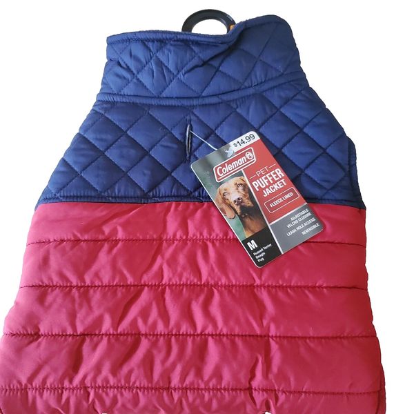 MEDIUM COLEMAN PET DOG PUFFER JACKET FLEECE LINED REVERSIBLE ADJUSTABLE RED/BLUE