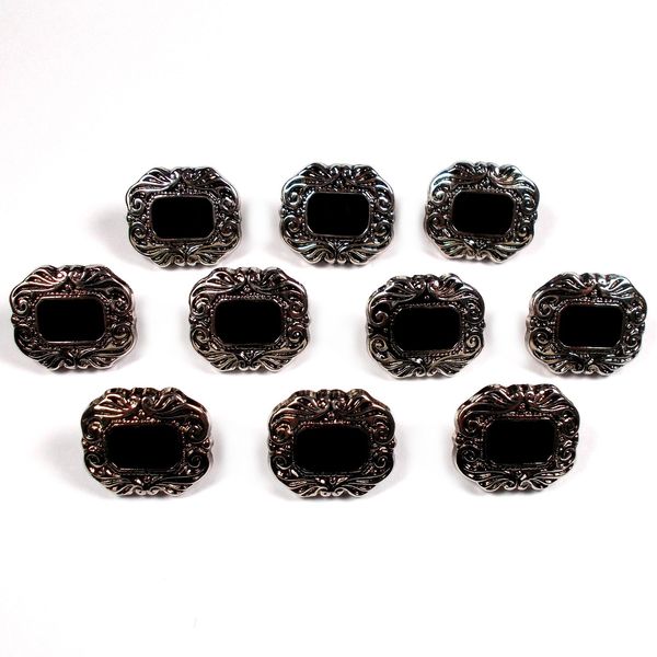 Silver Frame Buttons with Black Enamel Panel Inlay (10, 14mm x 12mm)