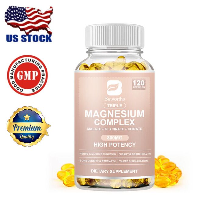 Triple Magnesium Complex Supplement - Mag Glycinate,Citrate,Malate,Stress Relief