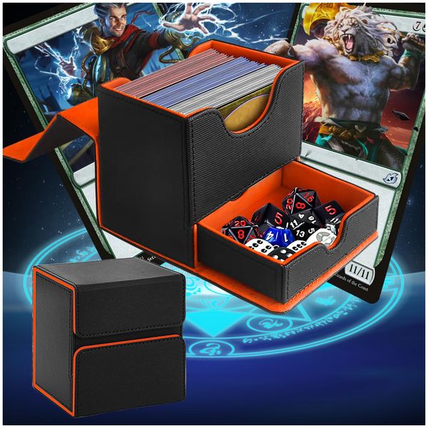 Uwqaqx MTG Deck Box, MTG Commander Deck, Fits 130 Single Sleeved Cards, PU Leather Trading Card Storage Box wite Dice Tray for TCG CCG Magic Cards (Black&Orange)