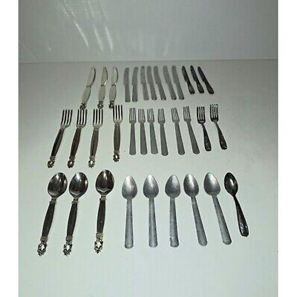 Vtg 34 Piece Child's Pretend Play Plastic & Aluminum Flatware Silverware Set LOT