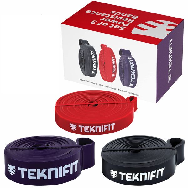 Teknifit Set of 3 Pull Up Resistance Bands - Full Body Workout and Home Fitness Solution - Red, Black & Purple Power Bands