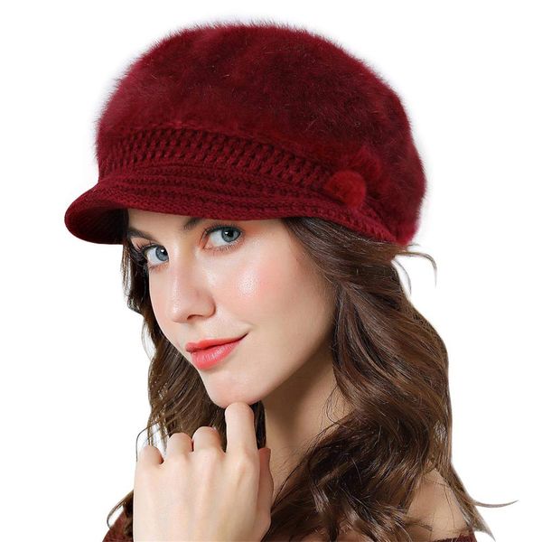 Genfien Brim Cap Newsboy Cap for Ladies Thick Fleece Lined Winter Knitted Beret Hat Vintage Crochet Peaked Chic Hat Lightweight Winter Red