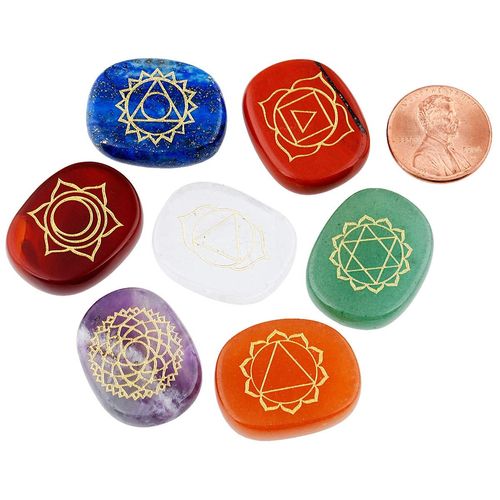 mookaitedecor 7 Chakra Reiki Stones Set, Natural Polished Healing Crystals Quartz Palm Stones Engraved Chakra Symbol Semi Precious Stones for Reiki Meditation Crystal Therapy