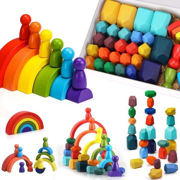 TOY Life 38 PCs Wooden Rainbow Stacking Toys, Montessori Toys for 3 4 Years Old, Stacking Toddler Blocks, Stacking Stones, Rainbow Stacker, Stacking Rocks, Wooden Blocks for Toddlers Kids