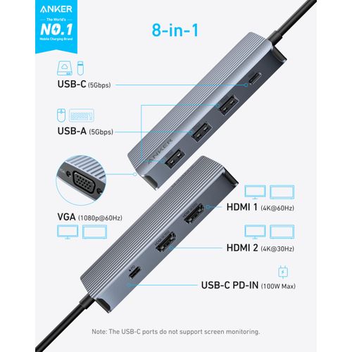 Anker 8-in-1 USB-C Hub, USB C Docking Station Triple Display Multi-Port Dongle with 2 HDMI and VGA, 5Gbps Data Transfers, USB Ports for MacBook Air/Pro, Dell XPS, iPad Pro, and More