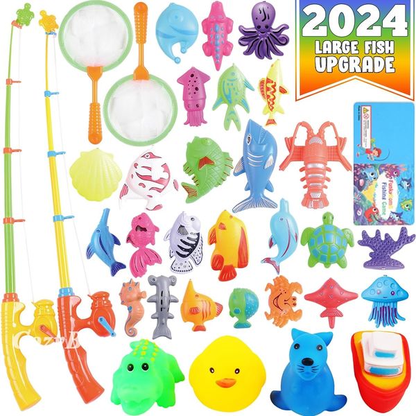 CozyBomB™ Magnetic Fishing Game for Kids | Bath Pool Toys Set for Water Table Learning Education Fishin for Bathtub Fun with 4 Squeak Rubber Animal and Boat, Poles Rod Net Fishes for Kids Age