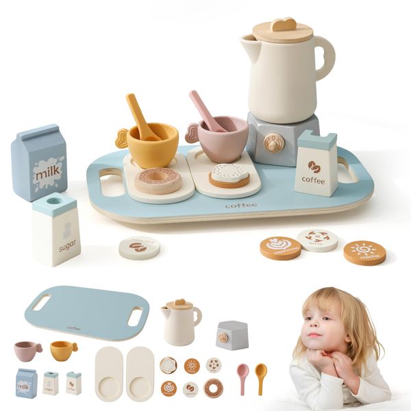 Tea Party Set for Kids- Wooden Tea Set for Little Girls and Boys |18 PCS Coffee Tea Set for Toddlers | Kids Play Kitchen Accessories Toy Pretend Play Toddler Tea Set with Silicone - Ideal Gift