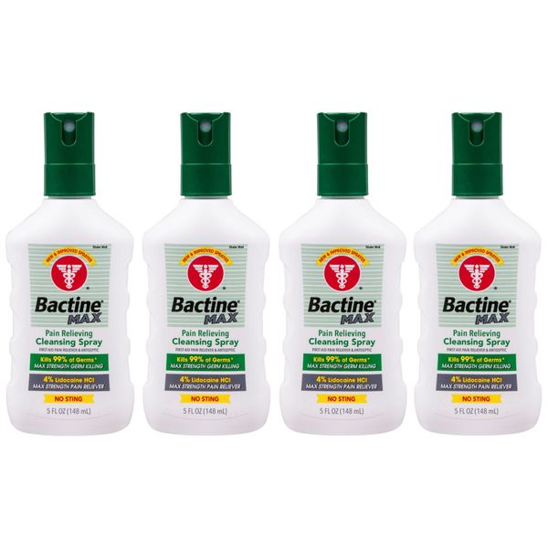 Bactine MAX First Aid Spray - Pain Relief Cleansing Spray with 4% Lidocaine - Numbing Lidocaine Kills 99% of Germs - Pain + Itch Relief for Minor Cuts & Scrapes, Burns & Bug Bites - 5oz, 4 Pack