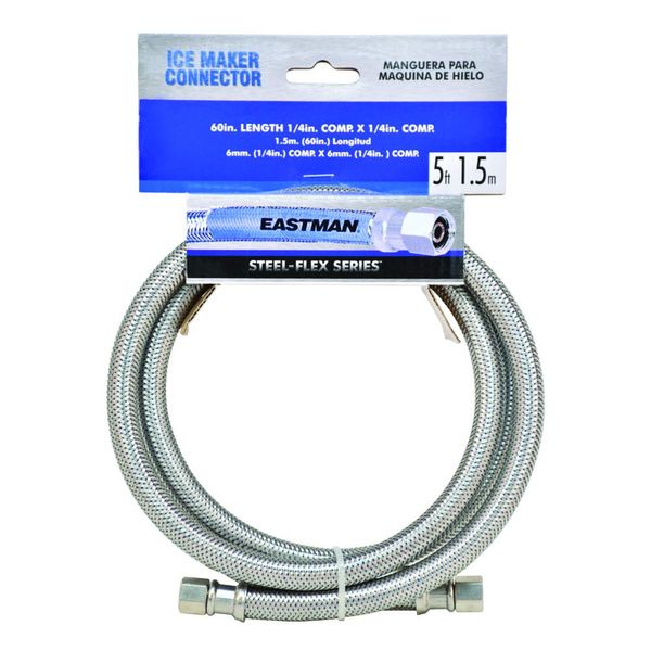 Eastman Ice Maker Connector, 1/4 Inch Compression, 5 Foot Flexible Braided Stainless Steel Hose, 41033