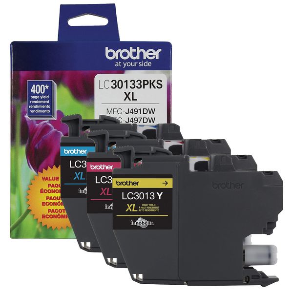 Brother Printer Genuine LC30133PKS 3-Pack High Yield Color Ink Cartridges, Page Yield Up to 400 Pages/Cartridge, Includes Cyan, Magenta and Yellow, LC3013