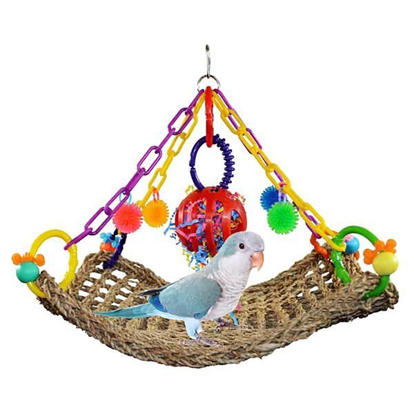 Super Bird Creations SB748 Flying Trapeze Bird Toy for Conures, Quakers, Cockatiels, Parrots, Senegals, Multi-Colored Chain, Seagrass Mat, Enrichment Toy - Medium Bird Size, 14" x 13" x 12"