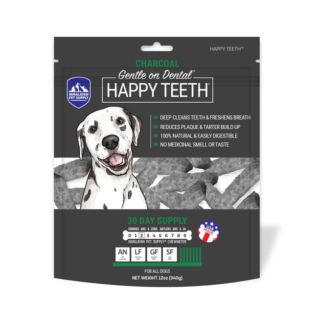 Himalayan Dog Chew Happy Teeth Charcoal Dental Chews - Dog Teeth Cleaning, Dental Treats for Dogs, 100% Natural, Digestible, Removes Plaque and Tartar, Gluten, Soy, Lactose Free, 30 Day Supply