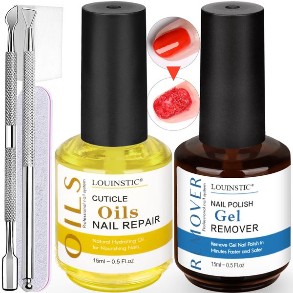 LOUINSTIC Gel Remover for Nails - Professional Gel Polish Remover Kit with Cuticle Oil for Nails(1pc nail file,cuticle pusher)