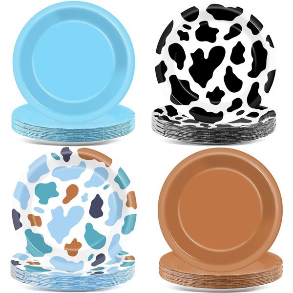 CHUNNIN 48Pcs Western Cowboy Party Paper Plates Cow Print Party Supplies 7Inch Toy Blue Brown Story Disposable Dessert Plates for Western Theme Farm Birthday Baby Shower Farmhouse Party Decorations