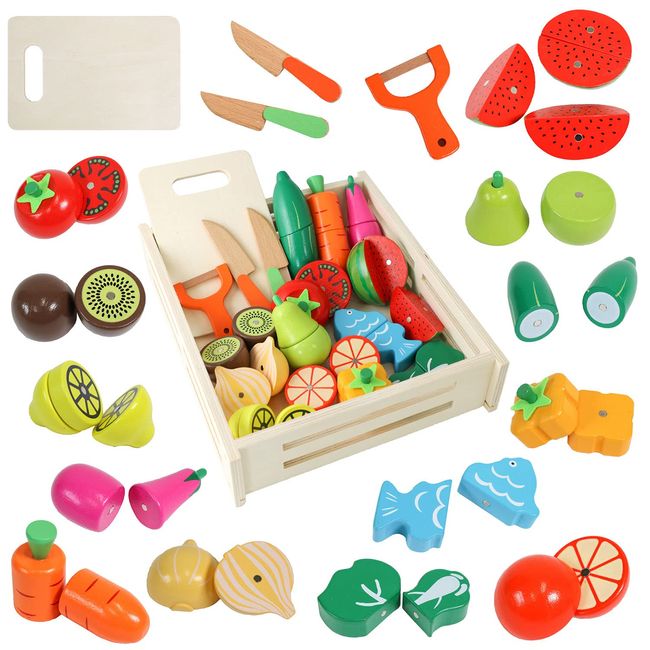 MRG Wooden Pretend Play House 18-Piece Set, Kitchen, Ingredients, Magnet, Vegetables, Fish, Wooden Toys, Cuttable, Kids, Toddler, Educational Toy, Pretend Play, Vegetable Set x No Name x No Wrapping Included