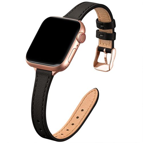 STIROLL Slim Leather Bands Compatible with Apple Watch Band 38mm 40mm 41mm 42mm 44mm 45mm 46mm 49mm,Top Grain Leather Watch Thin Wristband for iWatch Ultra SE Series 10/9/8/7/6/5/4/3/2/1(Black with Rose Gold)