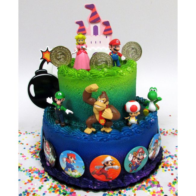 Mario Brothers 23 Piece Birthday Cake Topper Set Featuring Mario Castle, Bomb, Mario Coins, 6 Mario Figures Including Mario, Luigi, Princess Peach, Toad, Yoshi, Donkey Kong, and 12 Mario 1" Decorative Buttons