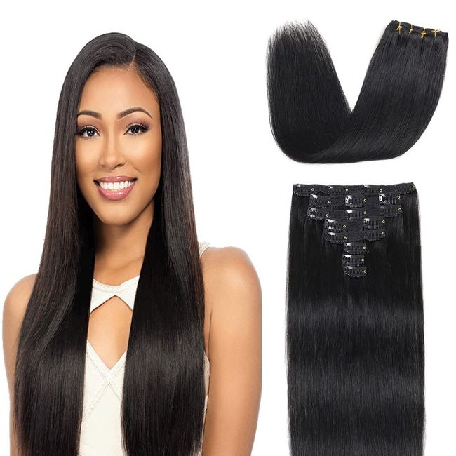 Clip in Hair Extensions Real Human Hair 8 Pieces Straight Real Remy Human Hair Full Head Human Hair Extensions Clip in Double Weft Real Remy Hair (18 Inch, 1B Natural Black)