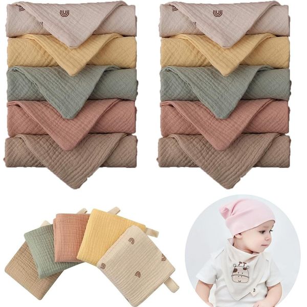 10 Stück Baby Musselin Waschlappen Kinderservietten, Handtücher Set für Neugeborene, 23x23cm Gesichtstücher und Badetuch, Mehrweg Baby Waschlappen 100% Baumwolle Zufällige Farbe
