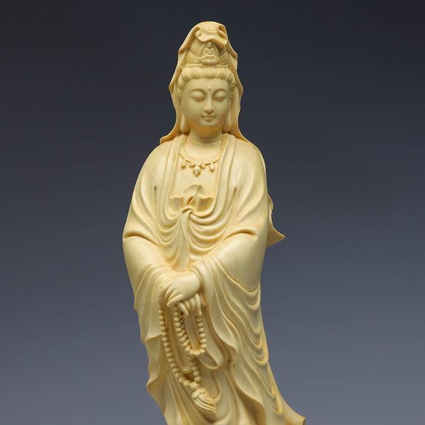 Guanyin Wood Carving Feng Shui Buddha Statue Boxwood Carving Guanyin Wooden Sculpture Height 12cm