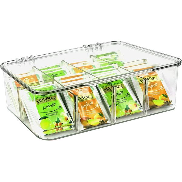 KICHLY Plastic Tea Bag Holder (Pack of 1) Plastic Tea Box Organizer with Lid - 8 Compartments Tea Organizer for Kitchen Countertops, Cabinets, Pantry (Clear)