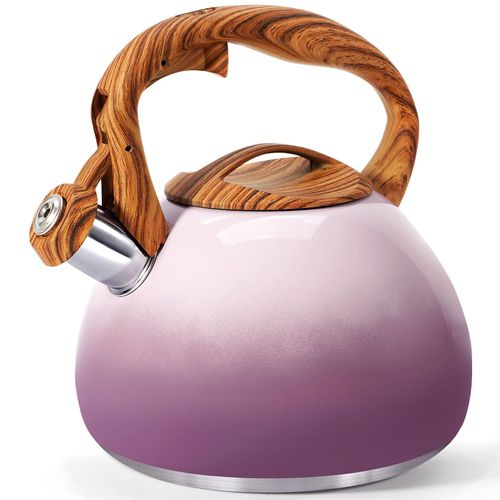 GGC Tea Kettle for Stove Top, 3.1QT/3L Whistling Tea Kettles for Boiling Water Coffee or Milk, Purple Tea Pot with Wood Parttern Handle, Stainless Steel Tea Pot for Home and Kitchen