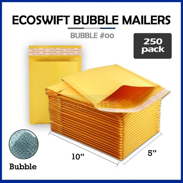 250 #00 5x10 ECOSWIFT KRAFT BUBBLE MAILERS PADDED ENVELOPES #00