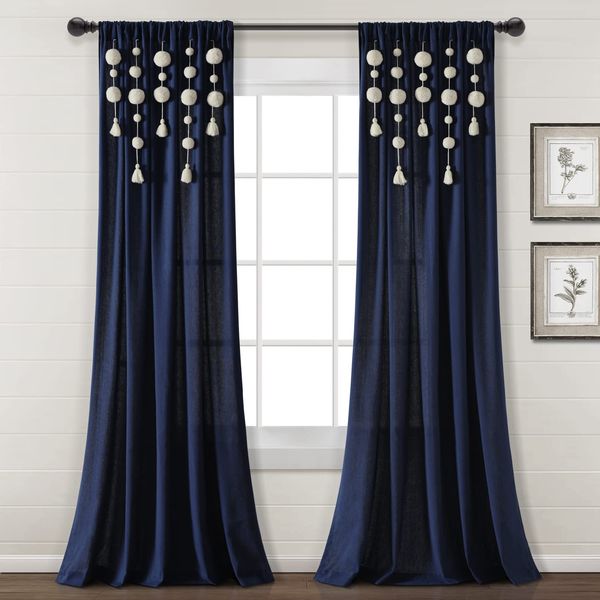 Lush Decor Boho Pom Pom Tassel Linen Window Curtain Panel (Single Panel), 95" L x 52" W, Navy