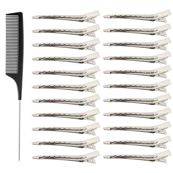 QEQSHQO Schwarz Metall Curl Clips Haarclips Stahl Combi-Clip Haarspange Entebill Abteilklammern Haarklammern Friseurbedarf 24 Stück Alligator(enthält einen Kamm)