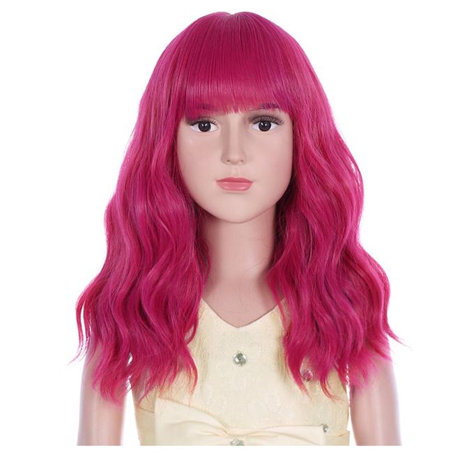 PATTNIUM Hot Pink Wig Kids Short Wavy Wig Hot Pink Wig with Bangs Girls Wig Cosplay Halloween Party Costume Wig ( Hot Pink)
