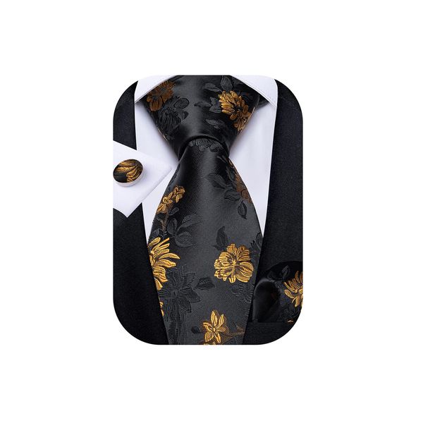 DiBanGu Men Golden Black Floral Neckties Silk Black Floral Tie and Pocket Square Cufflinks Party Wedding