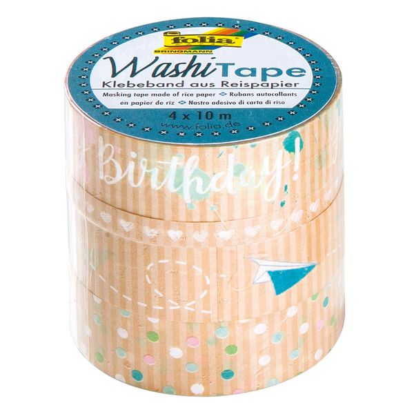 folia 26446 - Washi-Tape, Klebeband aus Reispapier, 4er Set Kraftpapier "Happy Birthday", 3 Rollen 10 m x 15 mm und 1 Rolle 10 m x 5 mm, ideal zum Verzieren und Dekorieren, für Scrapbooking