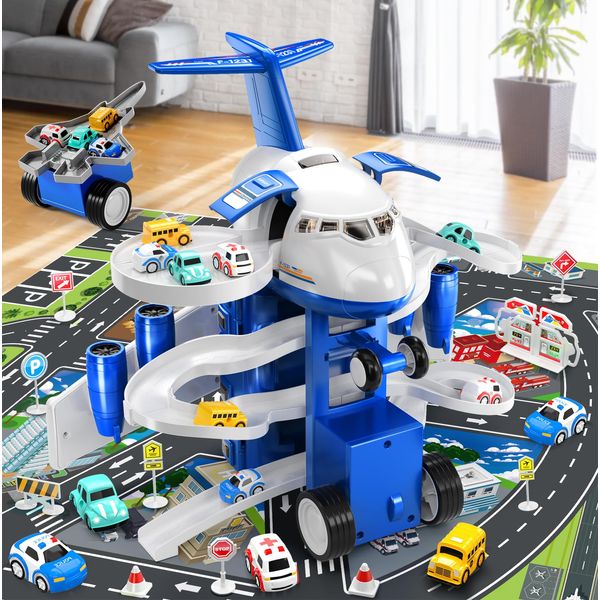 TEMI Kids Airplane Boy Toys for 3 4 5 Year Old Boys - Car Race Track for Kids Ages 3-5 with 8 Mini Car Toys, Toddlers Educational Toy, Birthday Gifts for Boys 3-5, Birthday Gift for Boys Girls 3-5