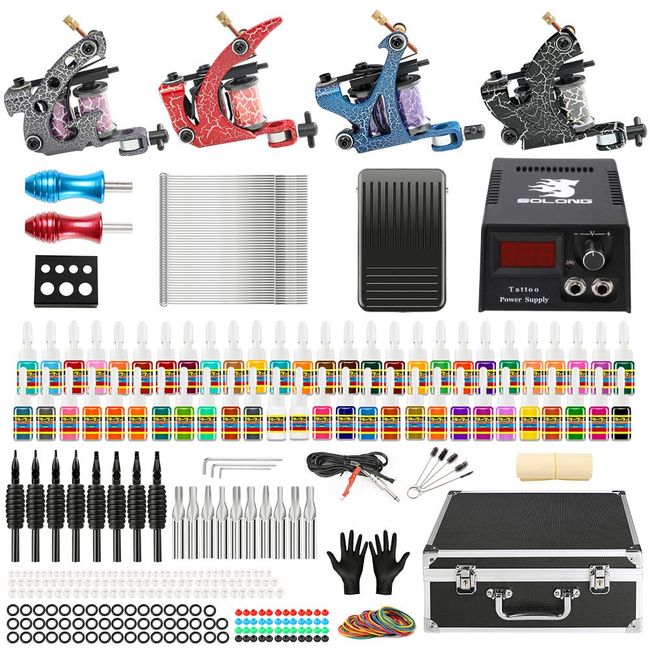 Solong Complete Tattoo Kit 4 Pro Machine Guns 54 Inks Power Supply Foot Pedal Needles Grips Tips Carry Case TK456-US