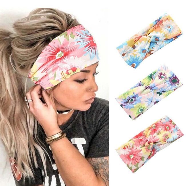 Zoestar Boho-Stirnbänder, Sonnenblume, Haarbänder, Stretch-Kreuzkopf-Schals, Yoga-Stirnband für Frauen und Mädchen (3 Stück)