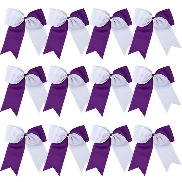 8 Inch 2 Colors Jumbo Cheerleader Bows Ponytail Holder Cheerleading Bows Hair 12 Pcs (Purple/White)